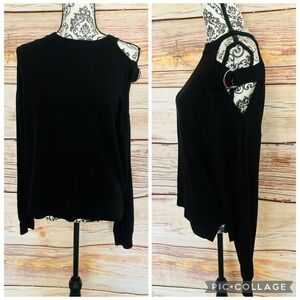 DKNY Women’s Black Asymmetric Logo Buckle Open Shoulder Crew Neck Sweater M NWT